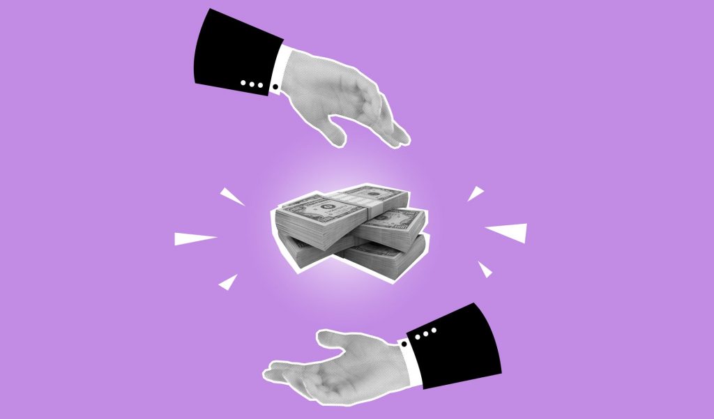 cutout paper composition demonstrating money turnover on purple background